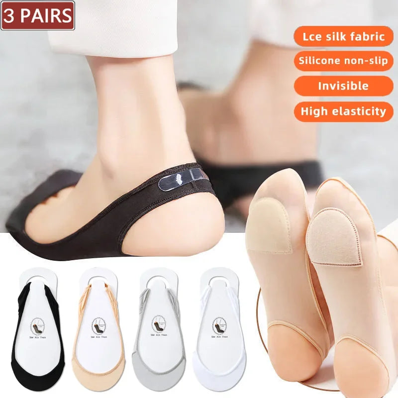 3 Pairs Women's Invisible Non-Slip Boat Socks – Ice Silk, Half-Palm, High Heel Liner Socks for Summer