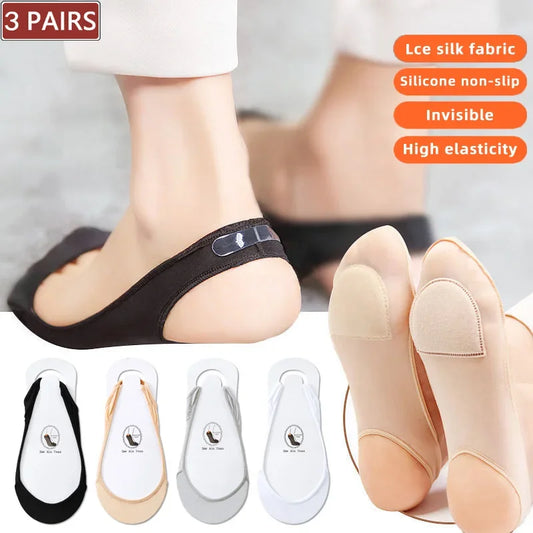 3 Pairs Women's Invisible Non-Slip Boat Socks – Ice Silk, Half-Palm, High Heel Liner Socks for Summer