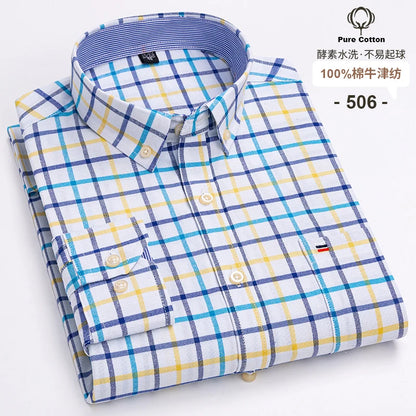 Men's 100% Cotton Oxford Plaid Shirt - Soft Regular Fit Long Sleeve Formal Dress Shirt with Pocket S-7XL