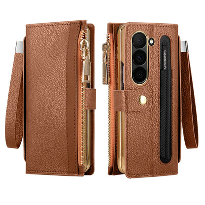 Leather Card Wallet Case with S Pen Slot for Samsung Galaxy Z Fold 6/5/4/3/2 — Multifunctional Zipper Protection Cover