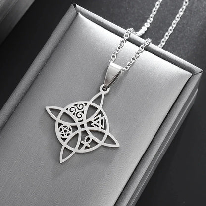 Witch Knot Necklace – Stainless Steel Magic Celtic Knot Pendant, Pagan Witchcraft Symbols, Jewelry Gift for Women