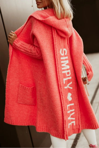 2023 Autumn/Winter Sweater Cardigan – Lapel Hooded Long Knit Coat with Letter Design, Loose Fit for Women