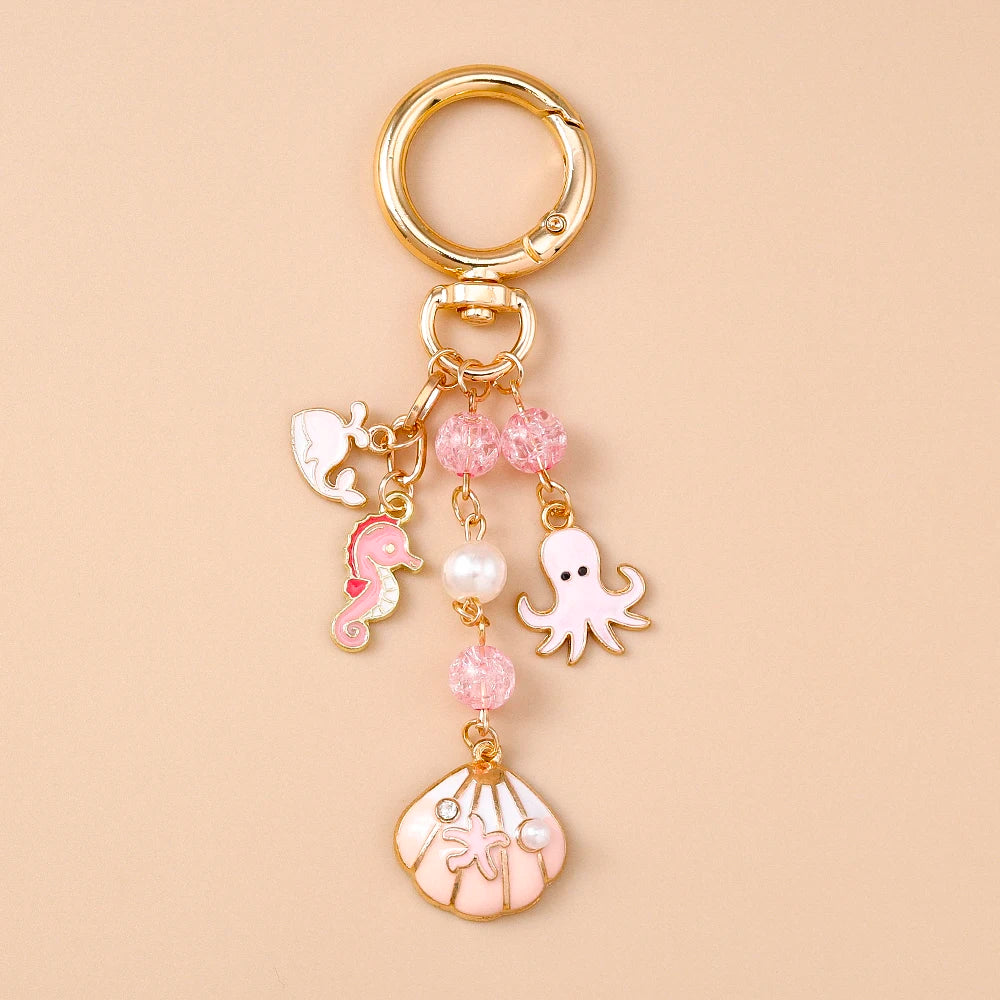 Summer Beach Shell Keychain – Octopus and Starfish Marine Life Pendant for Women, Girls, Handbag Decor, and Gifts