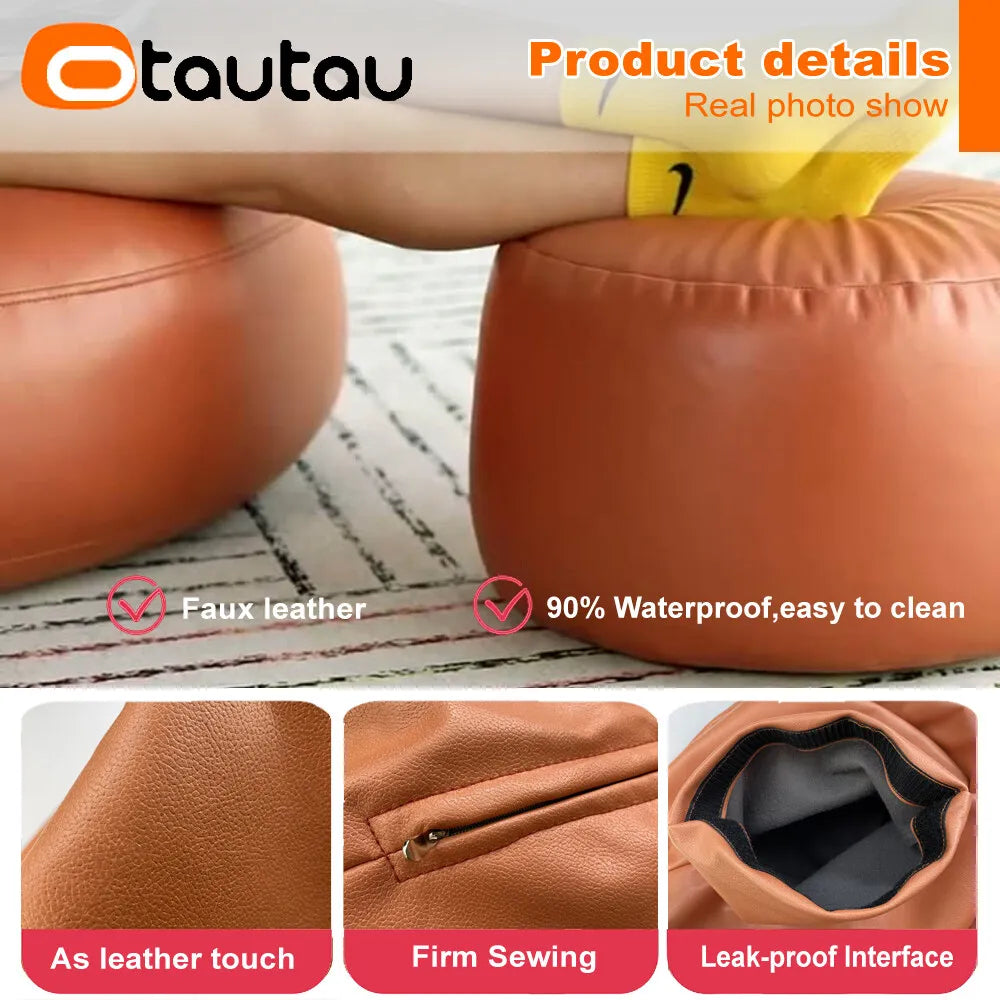 OTAUTAU Small Round Faux Leather Ottoman Stool – Beanbag Pouf Footstool, Floor Seat & Footrest JD004