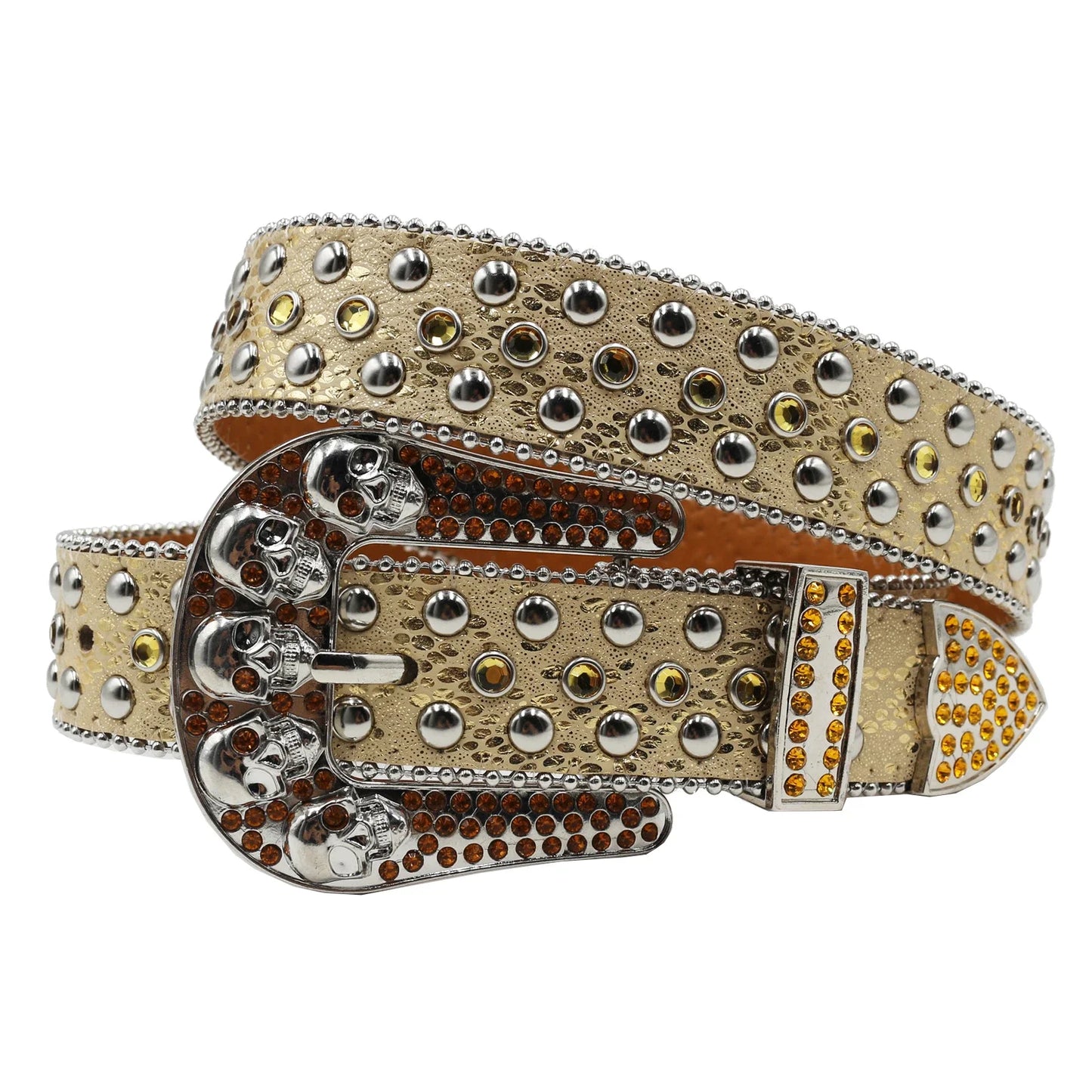 Women’s Rhinestone Skull Leather Belt – Luxury Designer Studded Strap for Jeans, White & Black