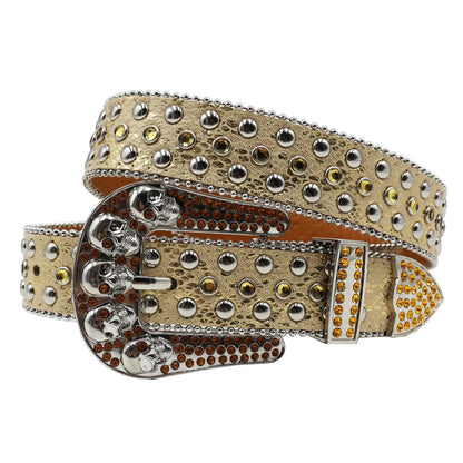 Women’s Rhinestone Skull Leather Belt – Luxury Designer Studded Strap for Jeans, White & Black