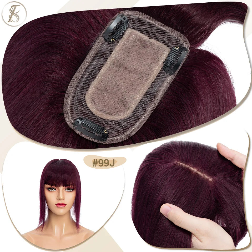 TESS Women Human Hair Topper With Bangs - 7x12.5cm Silk Base Clip In Hair Extension Natural Wigpiece