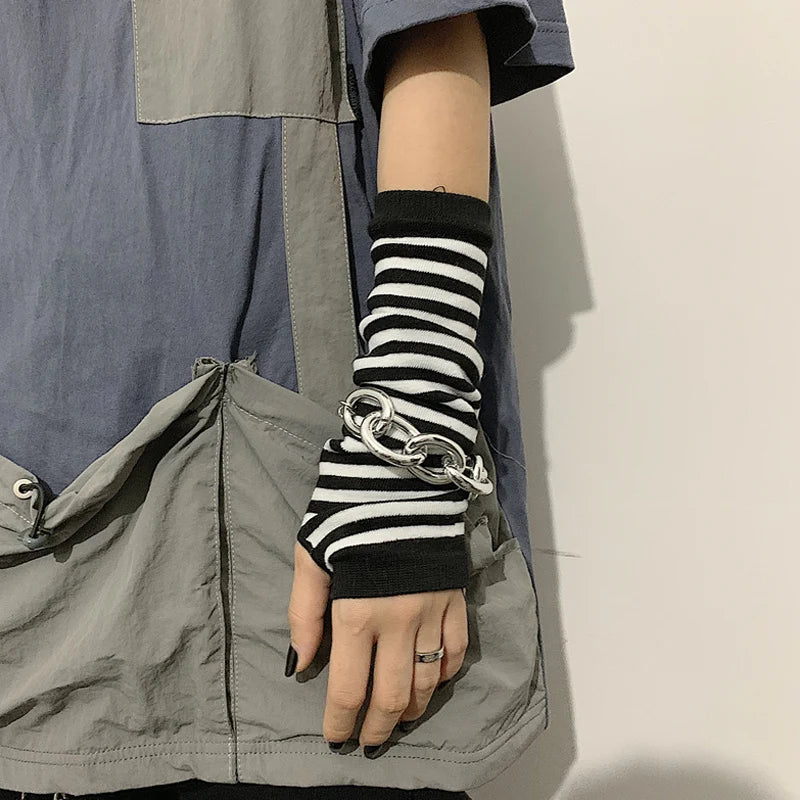 Black Punk Long Fingerless Gloves - Stretchy Elbow Mittens for Men and Women, Cool Winter Arm Warmers for Outdoor Hip-Hop Style