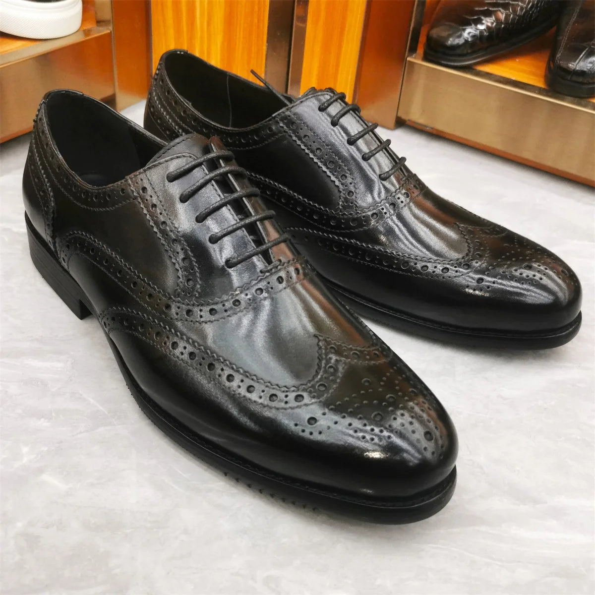 Men’s Genuine Leather Wingtip Oxford Shoes - Luxury Brogue Lace-Up Black and Brown Business Wedding Dress Shoes