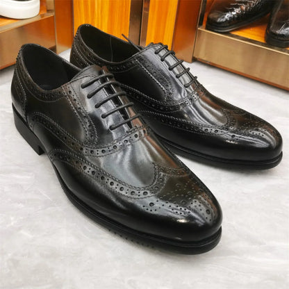 Men’s Genuine Leather Wingtip Oxford Shoes - Luxury Brogue Lace-Up Black and Brown Business Wedding Dress Shoes