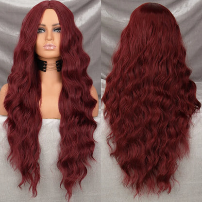 Long Wavy Green Synthetic Wig – Heat-Resistant Women's Cosplay, Party, Lolita Style, Half Part, Red/Black/Pink