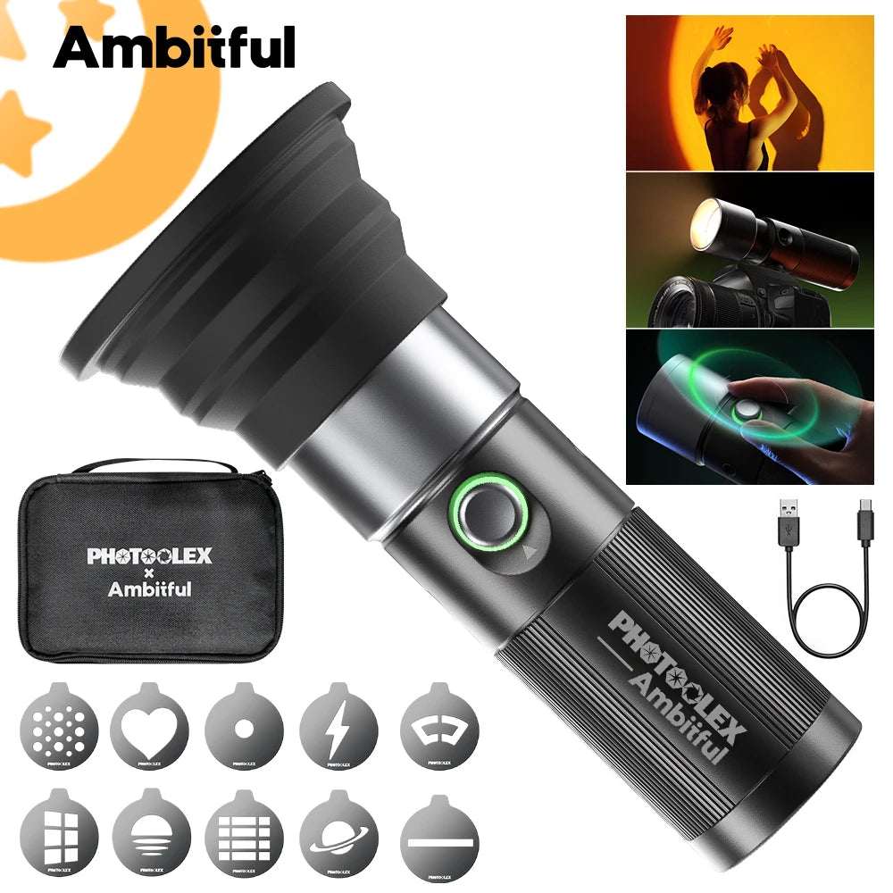 Ambitful 10W Projection Flashlight - Four-Color Light with 8400mAh Rechargeable Battery