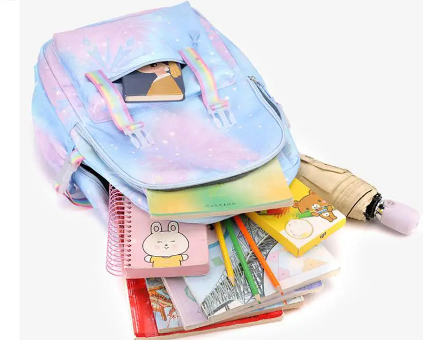 MINISO Kawaii Frozen Girls Backpack – Rainbow Schoolbag & Travel Laptop Bag for Kids & Teenagers