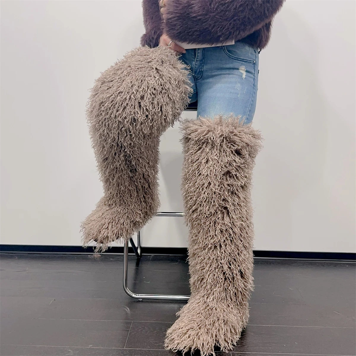 Women’s Faux Mongolian Fur Thigh High Boots - Winter Warm Plush Lined Fashion Boots for Cold Weather