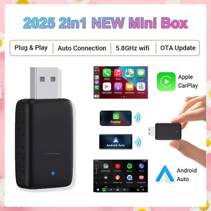 2025 Wireless CarPlay & Android Auto Adapter | 2-in-1 Smart Mini Box with WIFI & Bluetooth for Toyota, Volvo, Benz, MG, Kia, Mazda, Ford