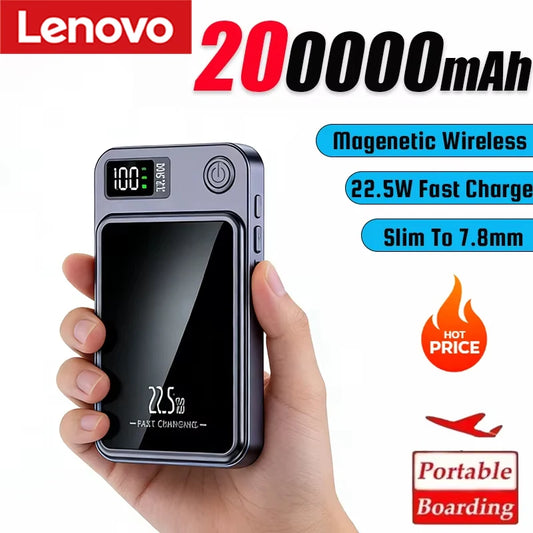 Lenovo 100000mAh Magnetic Power Bank - Wireless Fast Charger Portable Battery Pack for iPhone, Samsung & Xiaomi