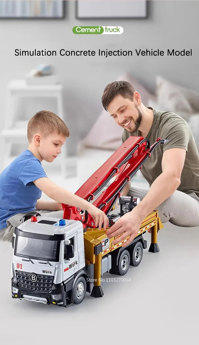 1:24 Electric Flatbed Cement Pump Truck Model — Diecast Alloy Toy with Sound & Light, Doors Open, Gift for Boys
