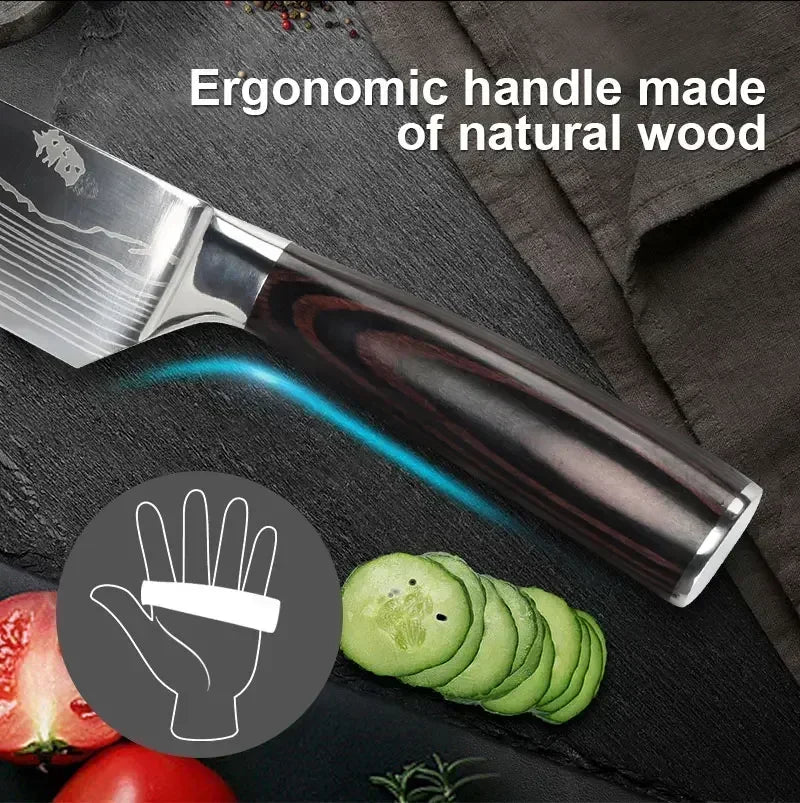 Japanese Santoku Kitchen Knives - Stainless Steel Cleaver, Slicing Knife, Boning Knife, Butcher Cleaver, Laser Damascus Knife