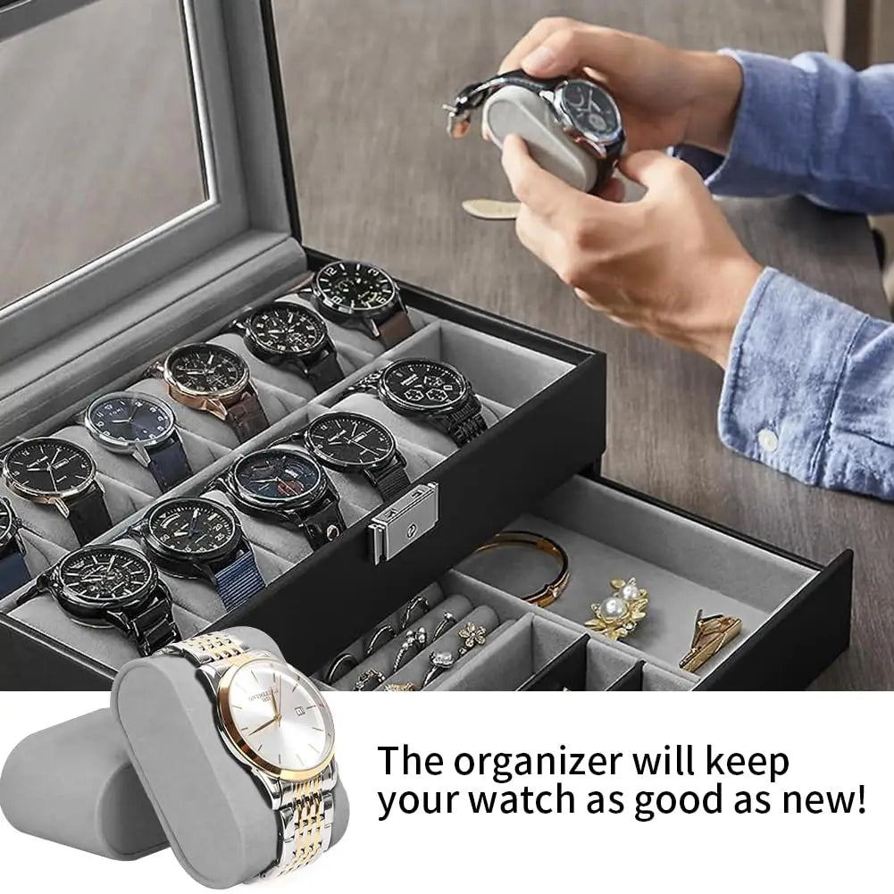 2024 12-Slot Leather Watch Storage Box — Lockable 2-Tier Organizer & Jewelry Display Drawer for Men & Women