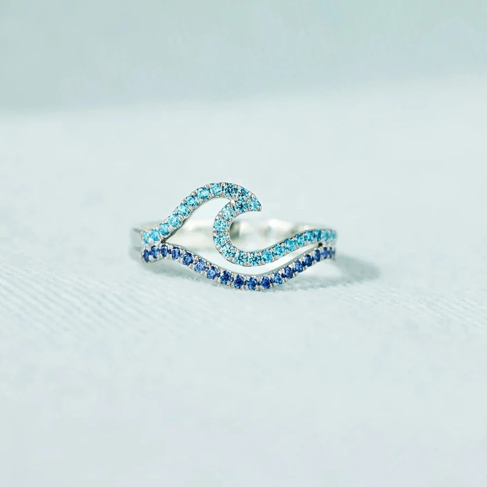 YILUOCD Blue Wave CZ Ring - Adjustable Cubic Zirconia Ocean Inspired Sea Wave Jewelry Gift for Women