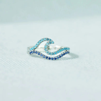 YILUOCD Blue Wave CZ Ring - Adjustable Cubic Zirconia Ocean Inspired Sea Wave Jewelry Gift for Women