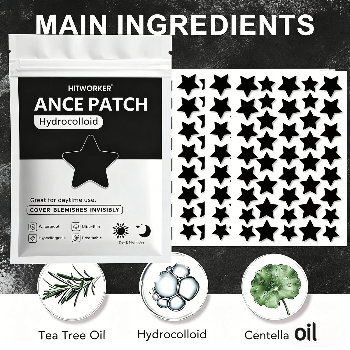 Black Star Hydrocolloid Pimple Patches - Bulk Acne Stickers with Tea Tree Oil, 240/480/800 Pieces
