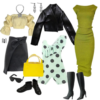 1/6 Doll Clothes Set — Handmade Fashion Outfits with Green Dress, Bag & Shoes for 12-Inch (30cm) Dolls