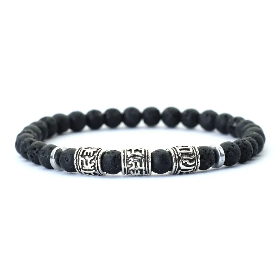 Noter Mantra Bracelet for Men – 6mm Howlite, Lava, and Tiger Eye Beads, Viking Accessories, Tibetan Bracelet