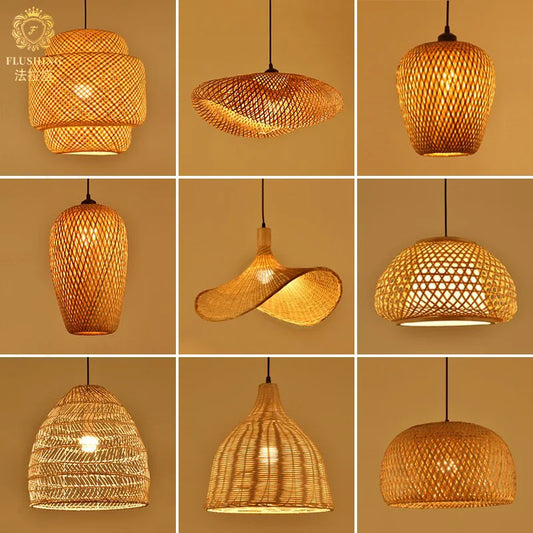 Bamboo Pendant Lamp Ceiling Light - Handwoven Rattan Wicker Hanging Fixture for Dining Room, Bedroom & Indoor Home Decor