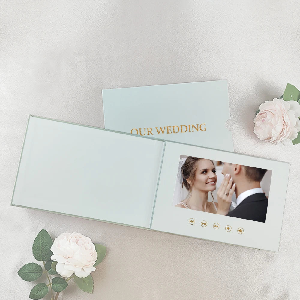 Luxury Linen Video Book Album – 7” IPS Wedding Video Player Book | 4GB Memory, Up to 3 Hours Video, Rechargeable Digital Photo & Video Album Gift