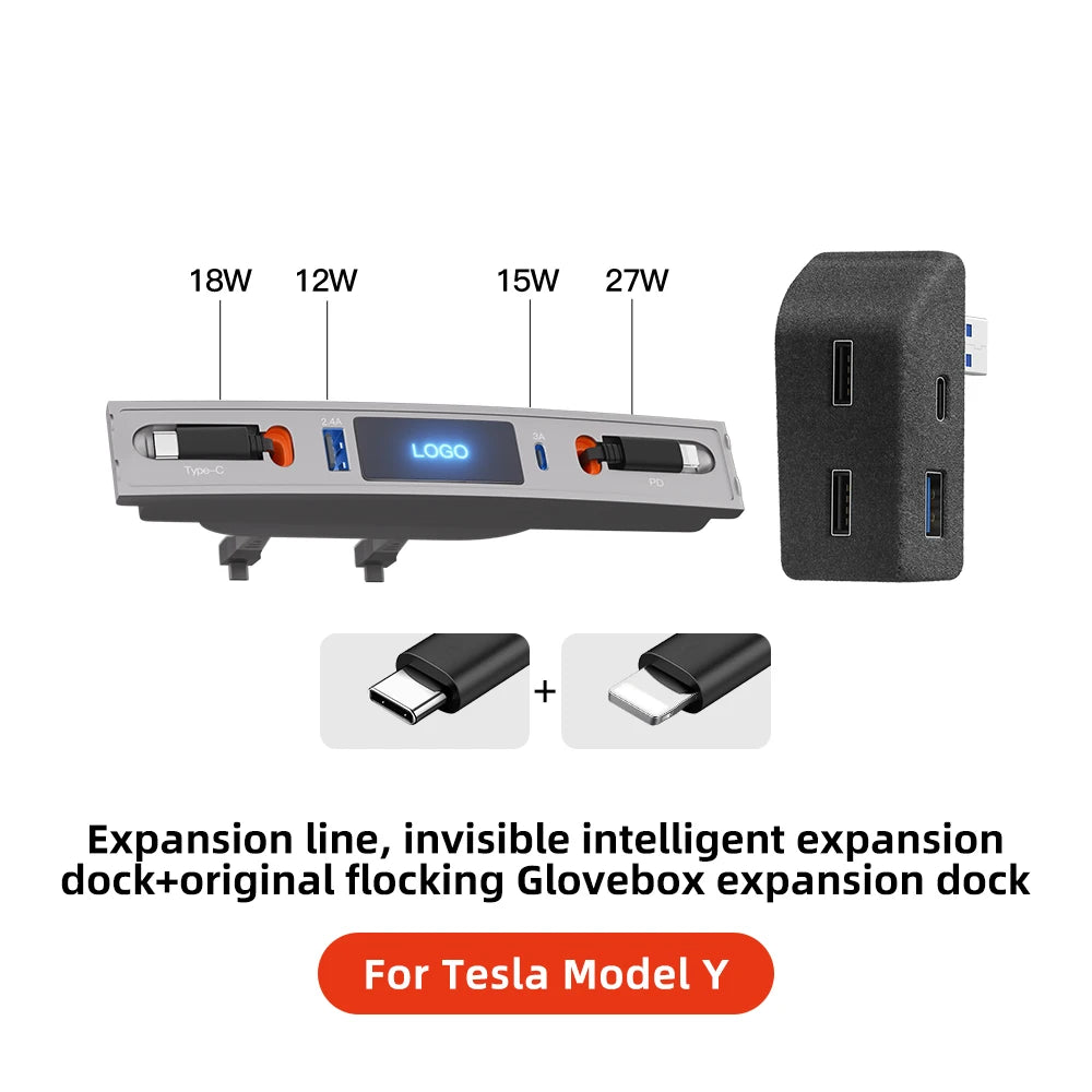 YZ 27W Quick Charger & USB Hub for Tesla Model 3/Y 2023 — Intelligent Car Docking Station & Adapter