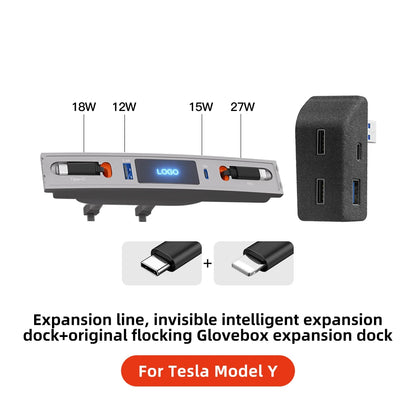 YZ 27W Quick Charger & USB Hub for Tesla Model 3/Y 2023 — Intelligent Car Docking Station & Adapter