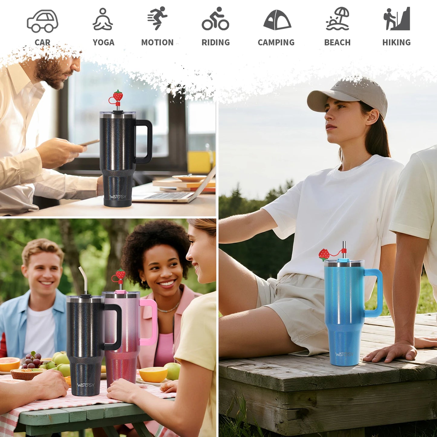 WATERSY 30oz/40oz Stainless Steel Insulated Tumbler with Handle & Straw – Large Capacity Thermal Travel Mug for Coffee & Cold Drinks