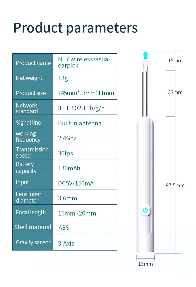 Smart Visual Ear Cleaner 1296P with Camera – USB-C Rechargeable Ear Wax Removal Tool, WiFi, 6 LED Lights