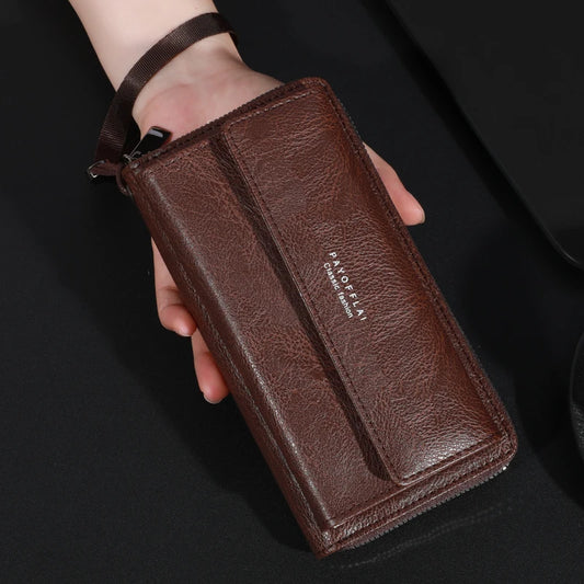 Men's PU Leather Zipper Handbag - Large Capacity Long Wallet Clutch with Phone Bag, Multi-Card Holder and Coin Purse