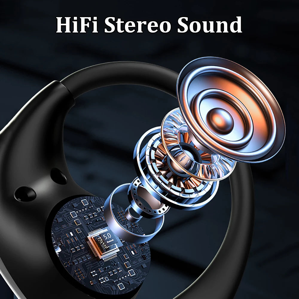 Bluetooth 5.4 Ear Hook Headphones – TWS Wireless HiFi Stereo Waterproof Earbuds with LED Display, Touch Control & Long Battery Life