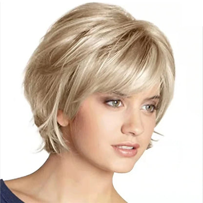 HAIRJOY Short Blonde Wig with Bangs – Blonde and Brown Mix Synthetic Fluffy Wig for Women