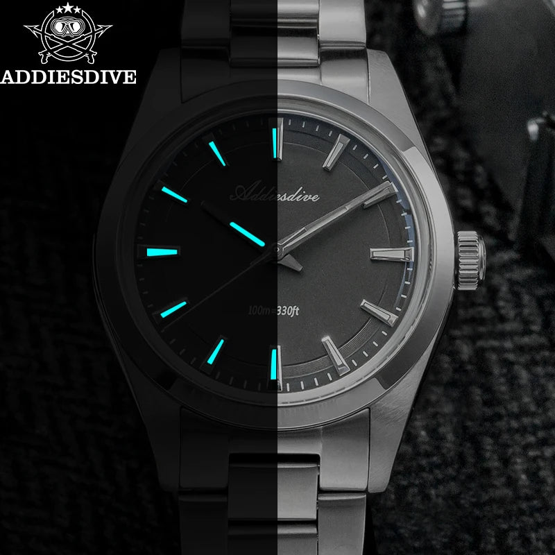 ADDIESDIVE Men's Luxury Quartz Watch – VH31, 100m Waterproof, Green AR Coating, Luminous, 316L Stainless Steel, 36mm