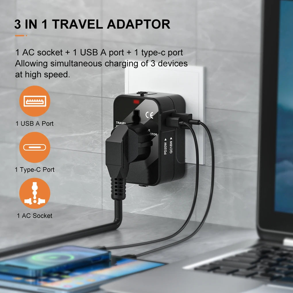 International Travel Adapter with USB-A QC18W & Type-C PD20W Fast Charger – Universal Wall Charger for UK, EU, AU, US Plugs