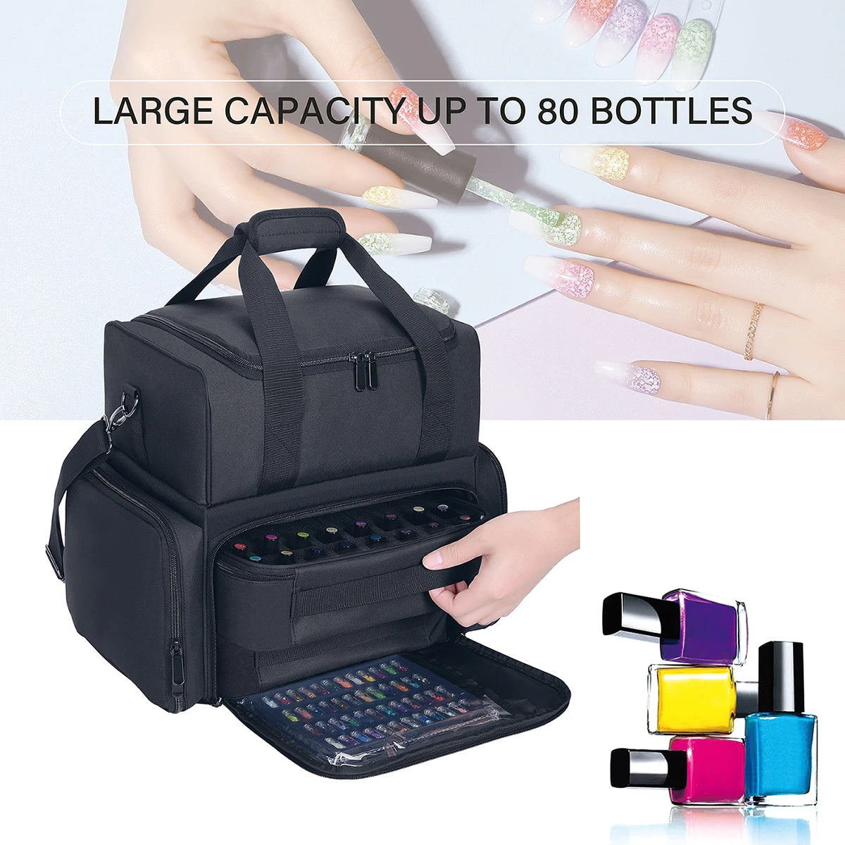 80 Bottle Nail Polish Organizer Case - Large Capacity Portable Travel Storage with 2 Removable Bags for Women
