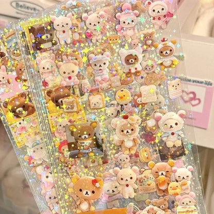 Cute Cartoon Character Sticker Sheets - Hello Kitty & Rilakkuma Die-Cut Laser Stickers for DIY Crafts & Kids Fun