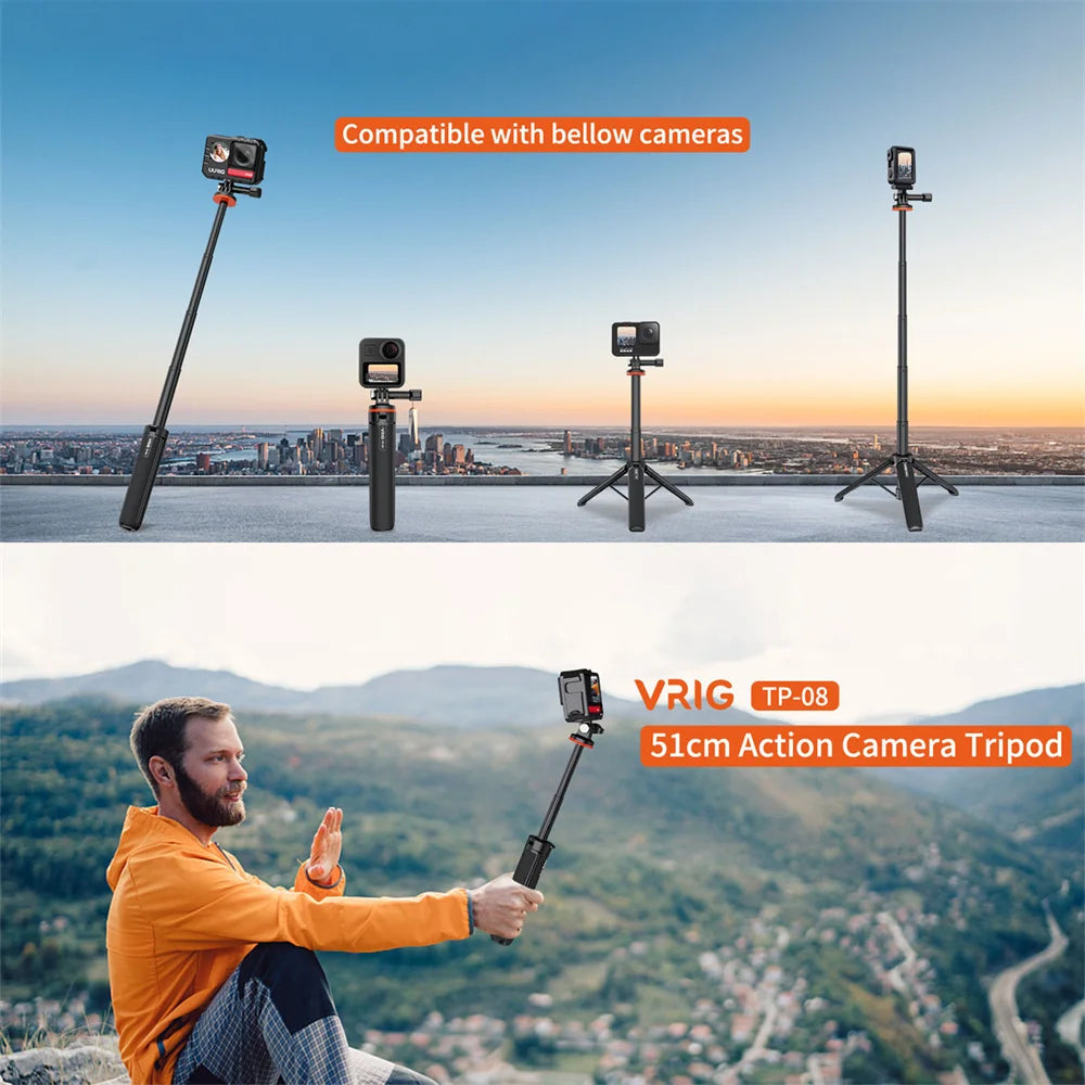 Aluminum Extendable Selfie Stick Tripod – Mini Portable Vlog Tripod for GoPro Hero 12-6, Osmo Action, Insta360 One R & X3