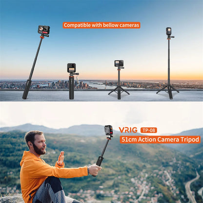 Aluminum Extendable Selfie Stick Tripod – Mini Portable Vlog Tripod for GoPro Hero 12-6, Osmo Action, Insta360 One R & X3