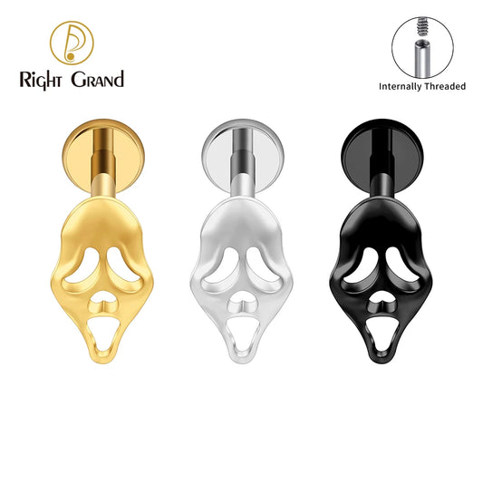 Right Grand ASTM F136 Titanium 16G Ghost Face Flat Back Earring – Halloween CZ Cartilage Stud for Helix, Labret & Nose Piercing Jewelry