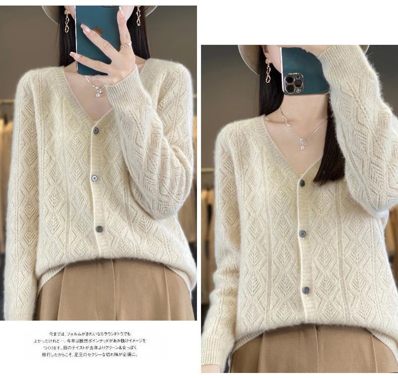 Women's 100% Wool Cashmere Cardigan – V-Neck, Super Soft, Loose Fit, Long Sleeve Knit Sweater
