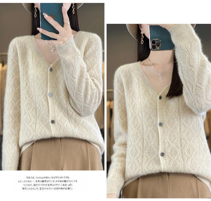 Women's 100% Wool Cashmere Cardigan – V-Neck, Super Soft, Loose Fit, Long Sleeve Knit Sweater