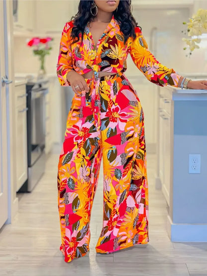 Women’s 2-Piece Spring/Autumn Set – Printed Long Sleeve Lace-Up Shirt & Slim Straight Pants
