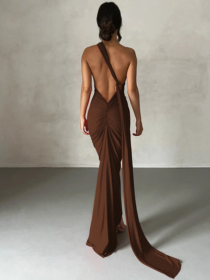 Hugcitar One Shoulder Backless Maxi Dress for Women – Adjustable Scarf Ruched Sexy Elegant Y2K Festival & Streetwear Party Outfit
