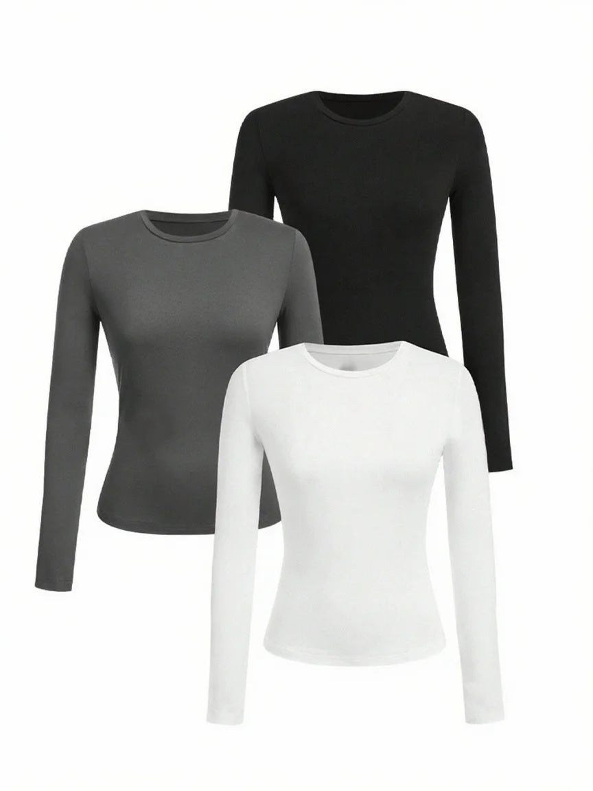Women's Solid Color Long Sleeve T-Shirt – Round Neck Knitted Polyester Regular Fit Fall Winter Top