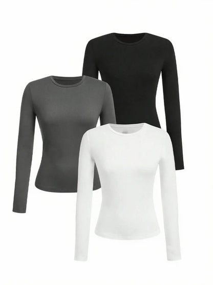 Women's Solid Color Long Sleeve T-Shirt – Round Neck Knitted Polyester Regular Fit Fall Winter Top